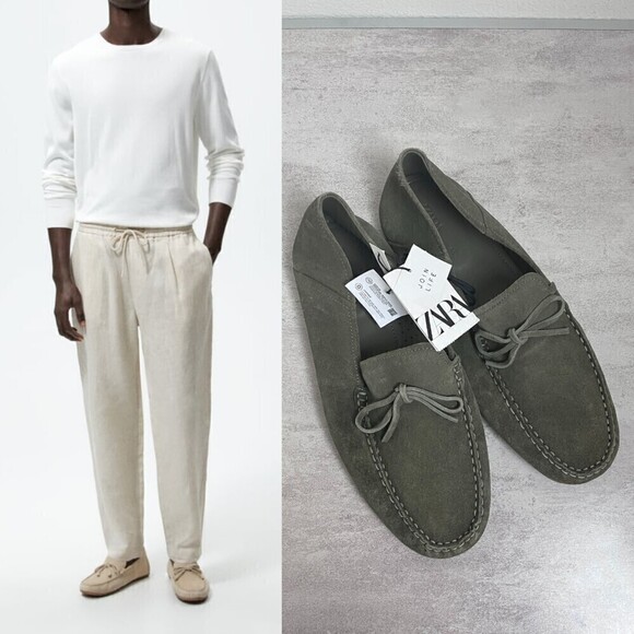 Zara Men Size 11.5 Leather Army Green Driving Moccasins NEW Casual Comfort Shoes main image 4